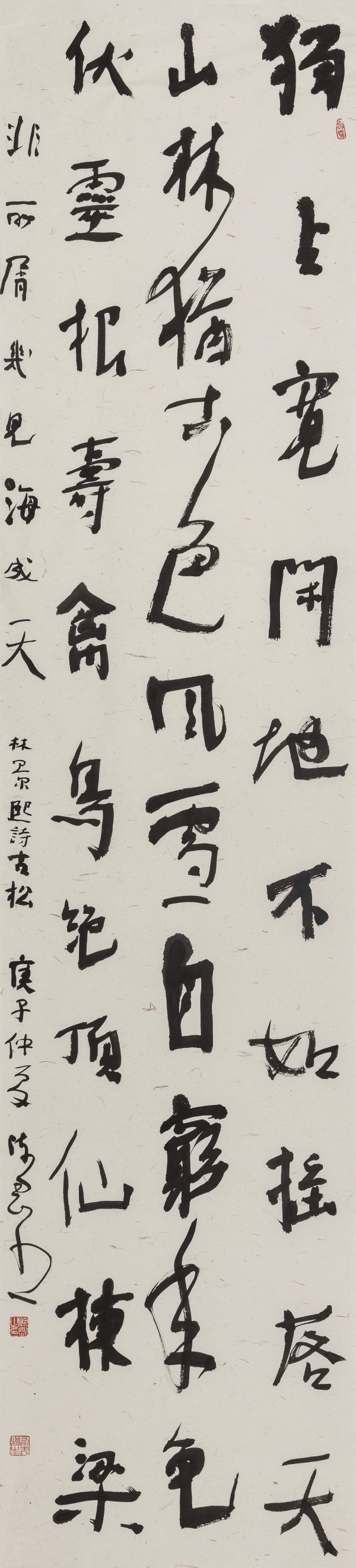 林景熙诗《古松》234cm×53cm独占宽闲地，不知摇落天。山林犹古色，风雪自穷年。龟伏灵根寿，禽鸟（巢）绝顶仙。栋梁非所屑，几见海成天（田）。.JPG