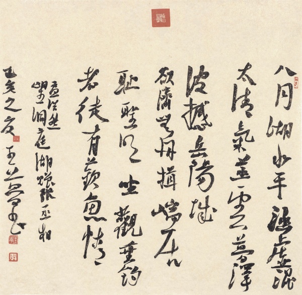 孟浩然诗《望洞庭湖赠张丞相》 49cm×50cm八月湖水平，涵虚混太清。气蒸云梦泽，波撼岳阳城。欲济无舟楫，端居耻圣明。坐观垂钓者，徒有羡鱼情。.jpg